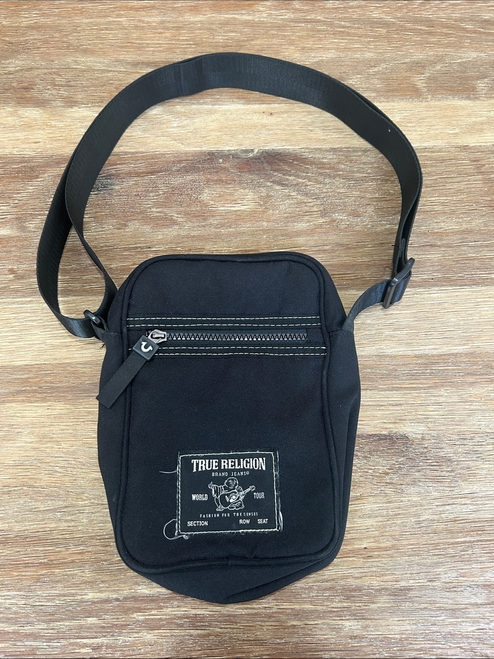 True Religion Black Canvas Belt Bag with Front Zip and Logo Patch